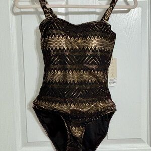Casita Linda Beachwear Gold Metallic and Black One Piece. Size Small NWT